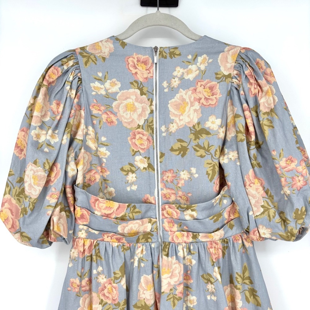 Yumi Kim Gayle Dress Sz XS Blue Pink Linen Blend Floral Puff Sleeve V Neck Midi - Picture 11 of 16